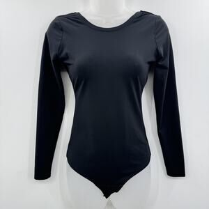 Spanx Scoop Neck Long Sleeve Body Suit Sz S Classic Black Thong Slimming 20329R